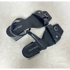 Courrèges Black Leather Platform Sandals – Square Toe Buckle Strap Heels